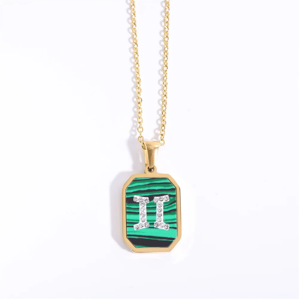 New Style Green Malachite Zircon Stone Necklace 18k Gold Plated Women Square Horoscope Zodiac Necklace