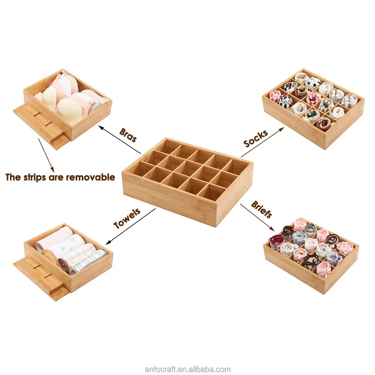 Bamboo Closet Drawer Divider  Storage Organizer with  Compartments Drawer Organizer Storage Box for Belts Ties Bras Briefs Socks