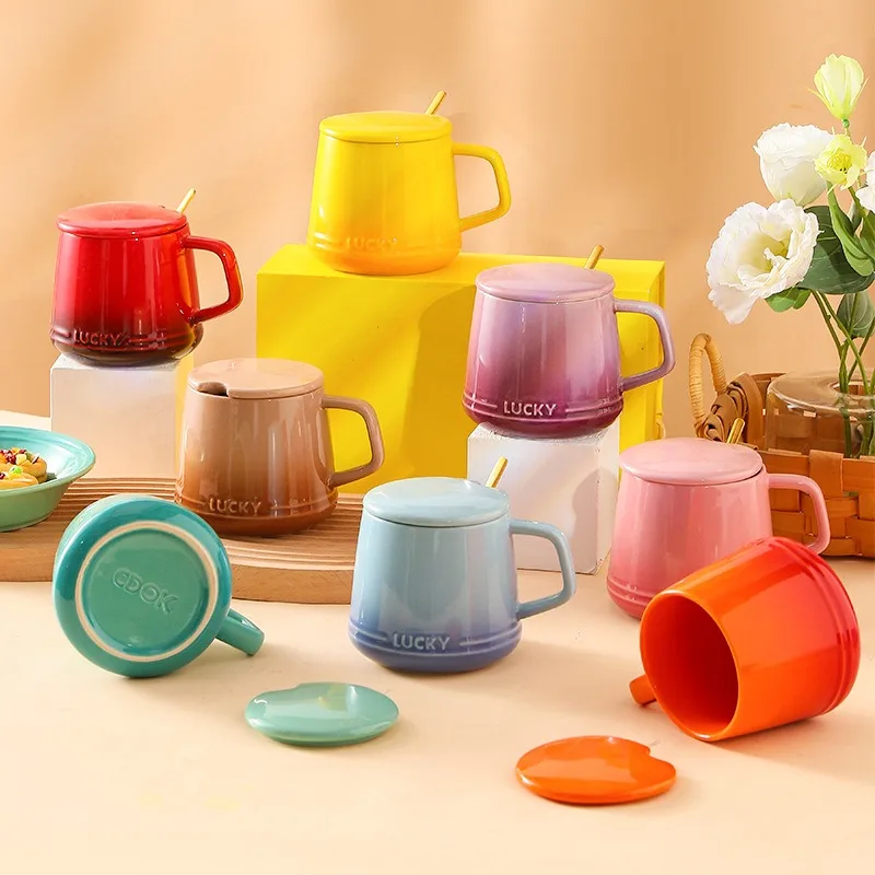 High quality custom logo business gift mugs colorful glazed porcelain mug cup set ceramic coffee mug with lid