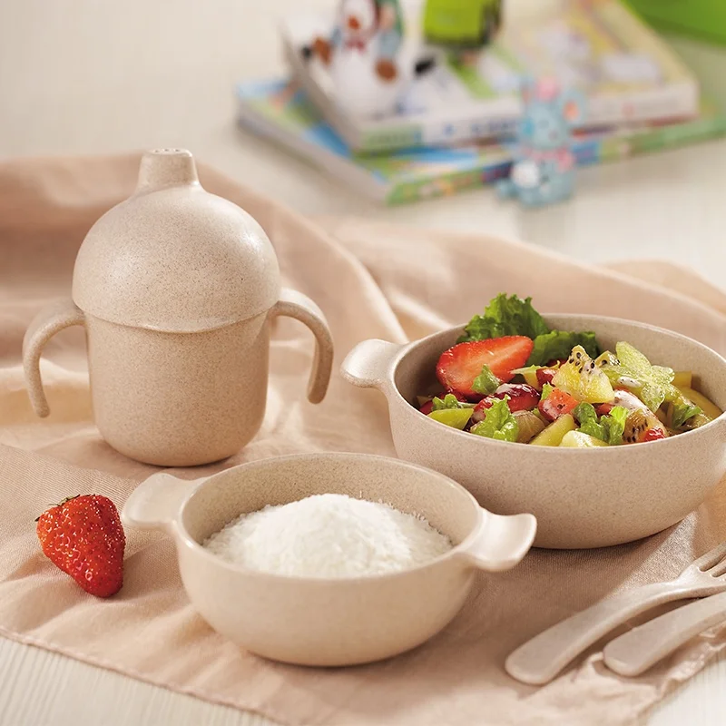 Eco-Friendly 5Pcs Wheat Straw Fiber Baby Tableware Kids Dinnerware Sets With Bowl&Cup&Fork&Spoon Cutlery Set