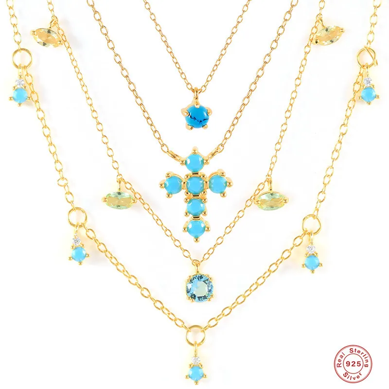 Fashion 925 sterling silver geometric cross shape turquoise colored zircon pendant gold plated necklaces for women