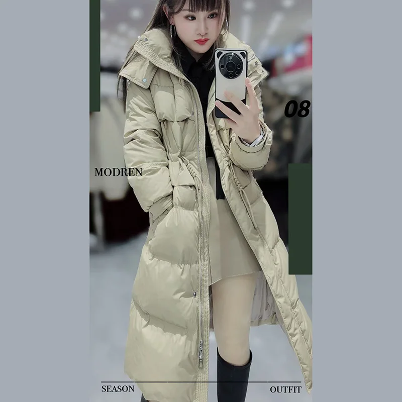 Korean New Winter Mid Length Long Loose Thickened Hooded Cinched Waist Outer Wear White Duck Down Coat Jackets for Women