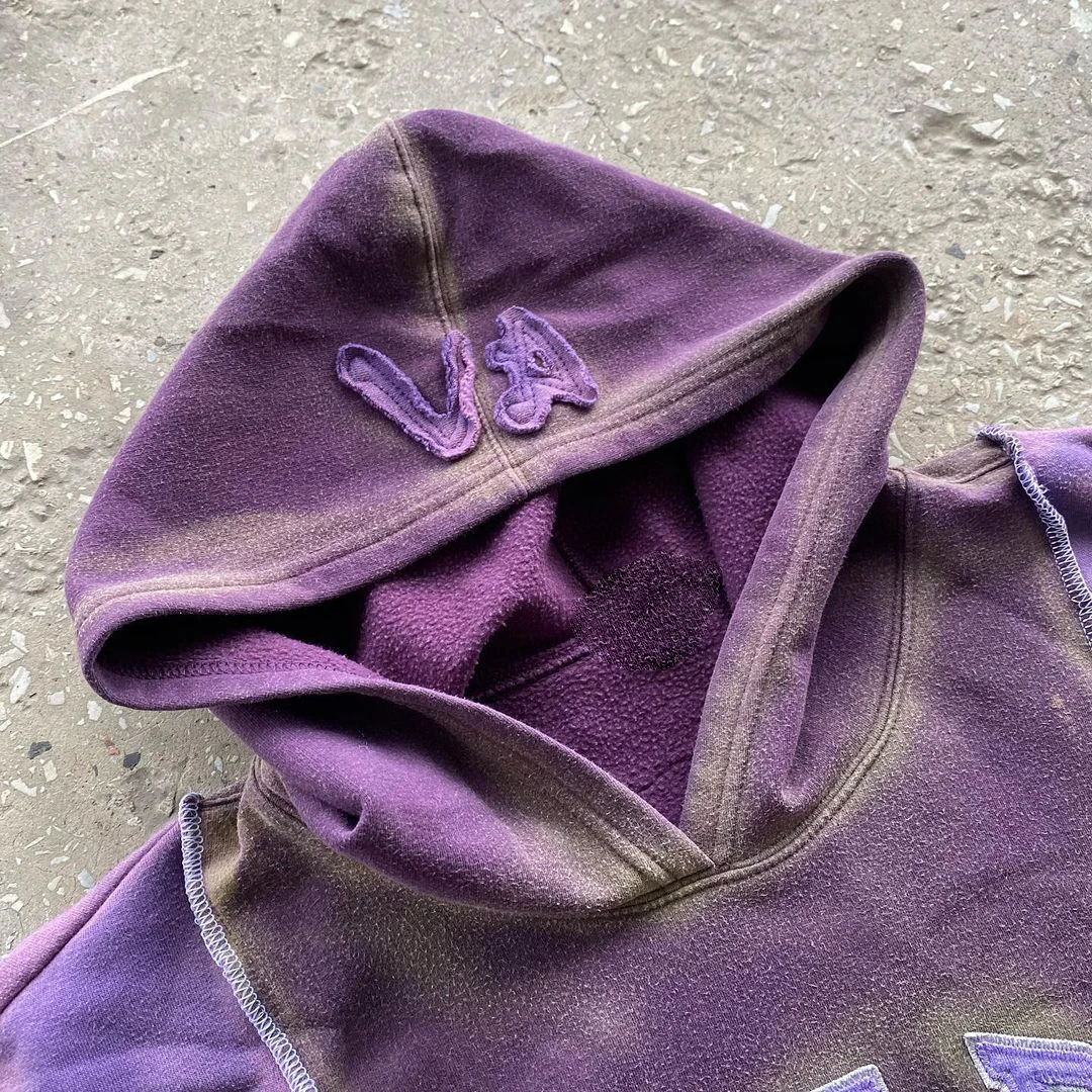 Custom Heavyweight Cotton Patches Embroidery Acid Wash Vintage Streetwear Hoddie Distressed Applique Rips Cut And Sew Hoodie Men