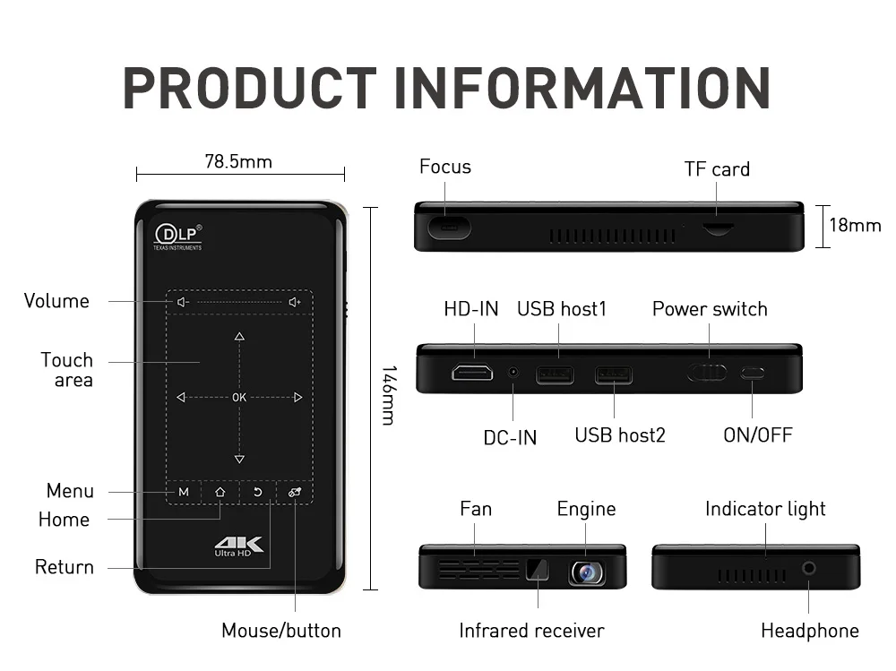 Портативный мини-проектор android 9 2G/16G HD-MI вход 3D 4K видео проектор с зеркального отображения
