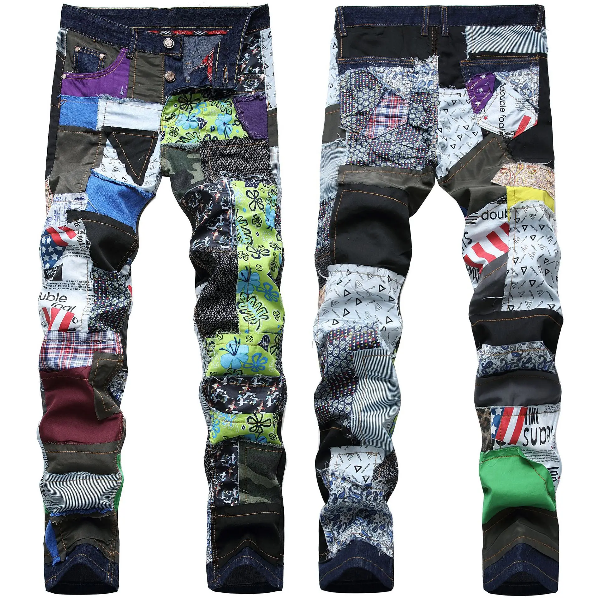 Designers Latest Stylish Colored Patches Denin Dark Blue Base Straight Leg Patchwork Skinny Seluar Men Fashion Jeans