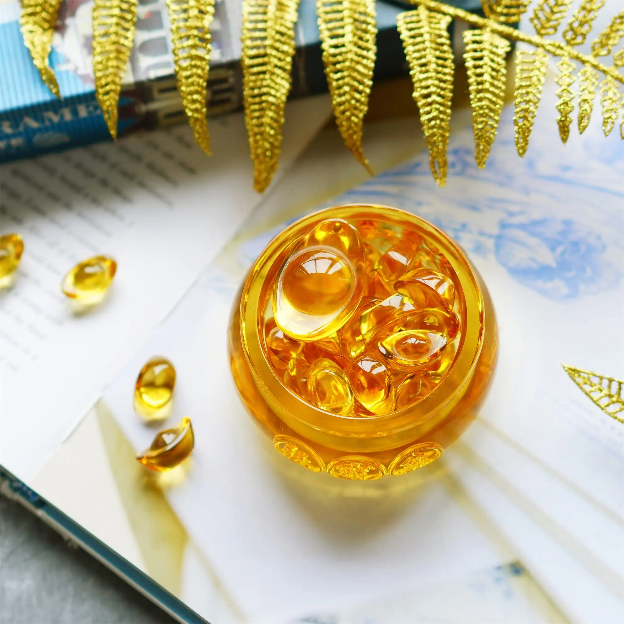 3' Handmade Crystal Glass Golden Treasure Basin with 41pcs Yuan Bao Good Luck Wealth Prosperity Collectibles Feng Shui Decor