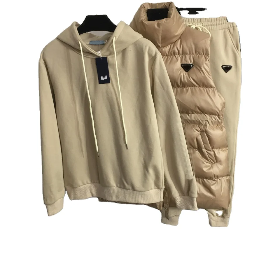 Winter Hoodies Down Jacket 3 Pieces Set Women Girls Solid Color Drawstring Down Filled Vest Jackets Non Sleeves Hoodies Suit