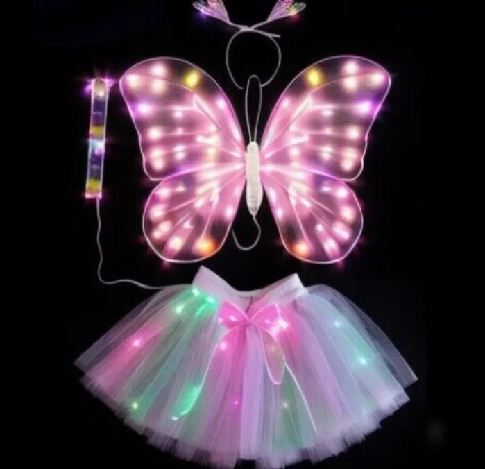 Kids Girls Led Light Up Butterfly Wings With Tutu Skirt Butterfly Angel Fairy Wings Costume Set Stage Props Luminous wings