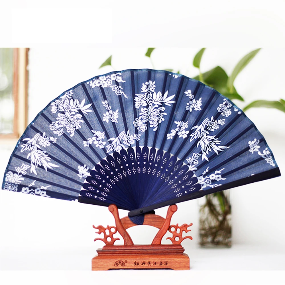 Orchid Printed Silk Bamboo Ribs Folding Hand Fan Dark Blue