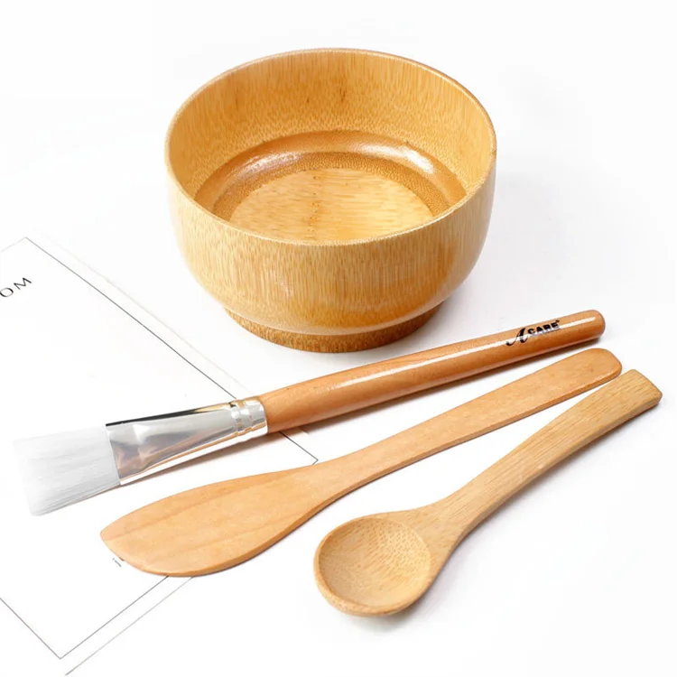 4pcs DIY Face Mask Mixing Tool Set Natural Bamboo Bowl Spatula Brush and Spoon