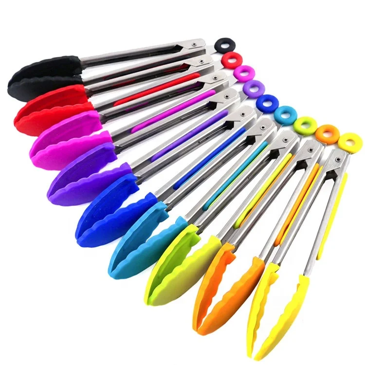 Kitchen tools 7 9 12 Inches silicone food tongs stainless steel pack of 3 silicone tongs