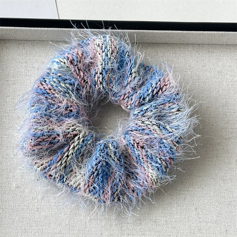 Sweet autumn winter hair Accessories  Soft Mixed Color Mohair Yarn Knitting Stripe Plush Scrunchies elasticity Hair Bands