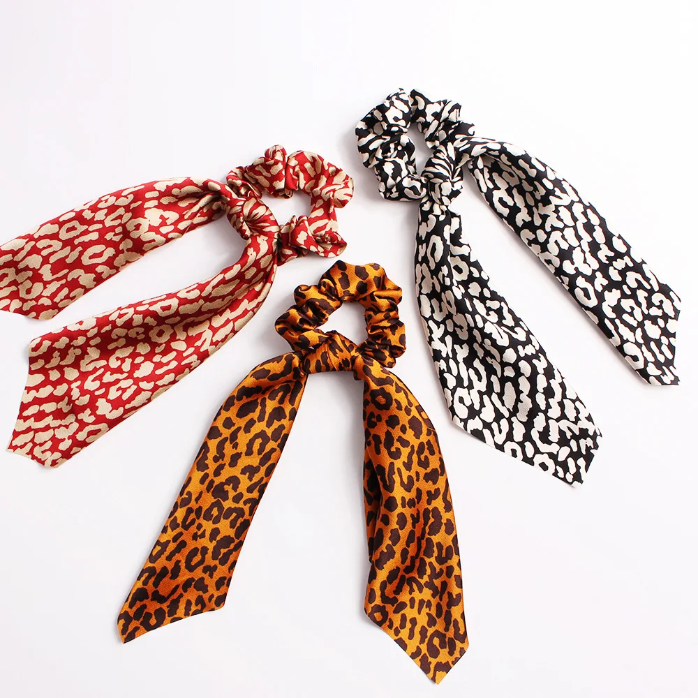 3 Colors Leopard Printed Hair Scrunchy Elastic Rubber Bands Long Scarf Scrunchies