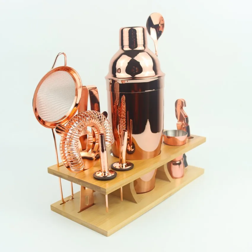 Rose Gold Bartender Set Bamboo Stand 11-Piece Set Wine Shaker Bar Tools Mixology Bartending Kits Set