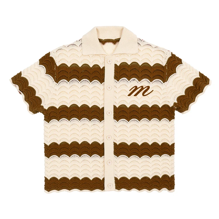 Custom Men Openwork Crochet Sweater Shirts Soft Knitted Top Button Summer Cotton Knit Short Sleeve Knitted Football Jersey