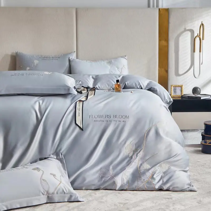 Modern Luxury Designer Summer 100% Washed Silk Bed Sheets 4 Pieces Quilt Bed Comforter Cotton Duvet Cover Bedding Set
