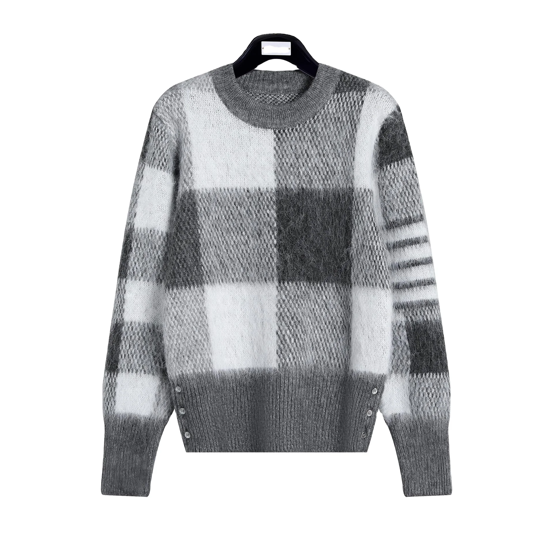 Custom New Fashion Knitted Contrast Color Custom Knitwear Mens Pullovers Plaid Mohair round neck sweater