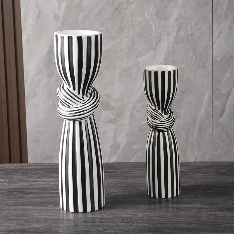 Light Luxury Black and White Striped Tall Candle Holder Ceramic Home Decoration Modern Living Room Table Decor