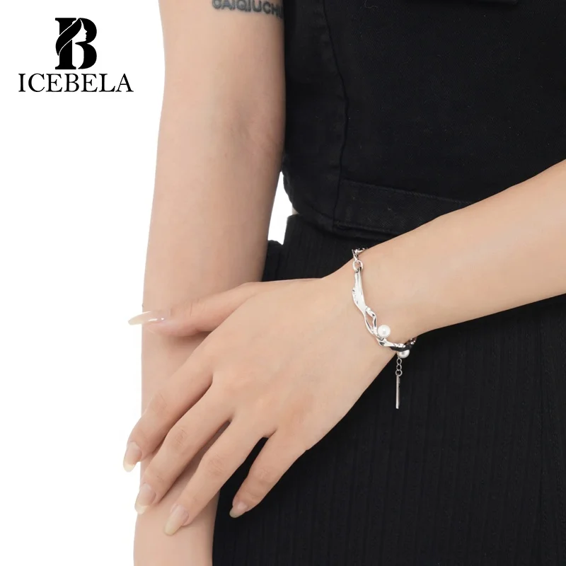ICEBELA Fashion Jewelry S925 Sterling Silver Geometric Shape Design Pearl Beaded Bracelet