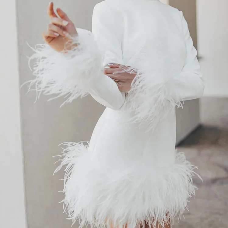 2023 vestidos custom designer fashion boutique summer elegant modest luxury long sleeve white mini dress women with feather