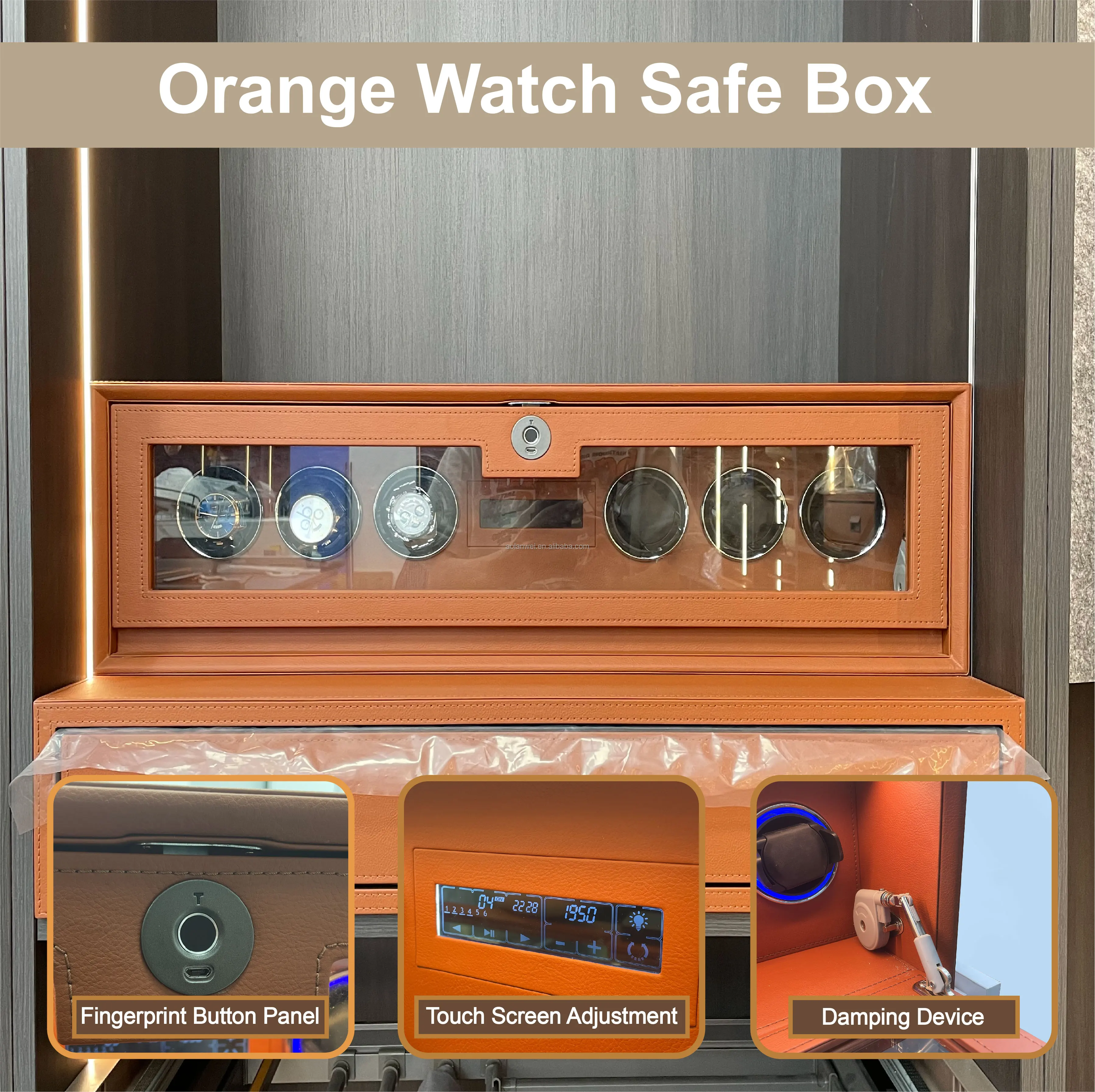 Glass Watch Safe Automatic Storage Box 6 Slots Organizer Premium Orange Leather with Smart Touch Panel Display Box