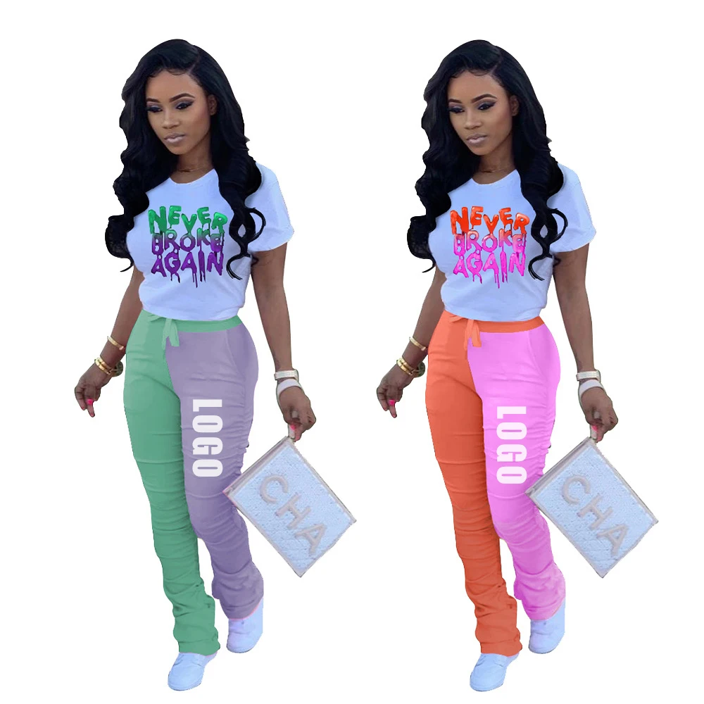 Комплект из 2 предметов с логотипом на заказ, Женский комплект из двух предметов, штаны для пробежек с цветными блоками, одежда больших размеров, женские летние наряды из 2 предметов