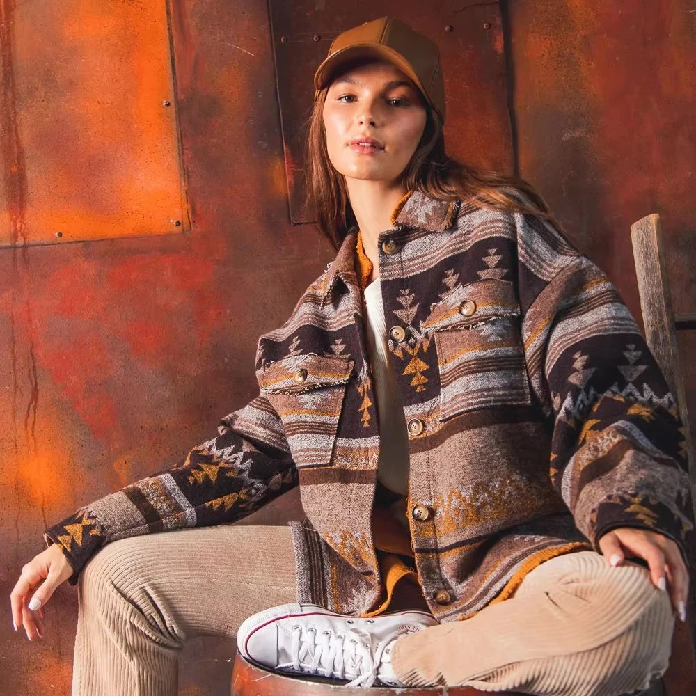 Wholesale 2024 coats custom western tribal print tweed winter outwear raw trim washed corduroy shacket jackets for women