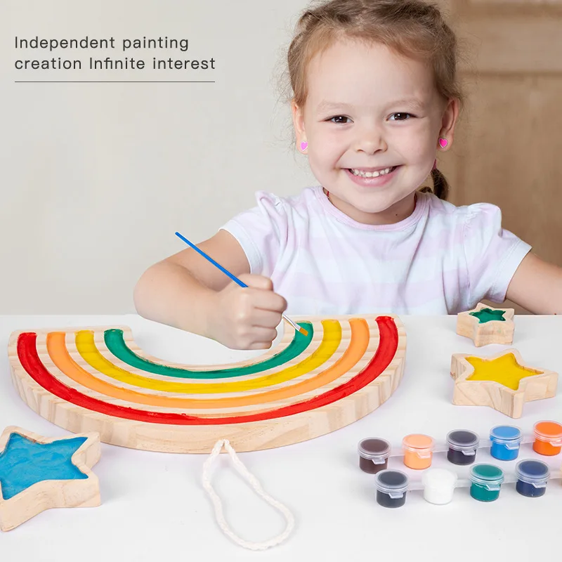 Baby Wooden DIY Rainbow Star Painting Graffiti Wall Board Decoration Game Educational Arts And Crafts  Gift Toys For Kids