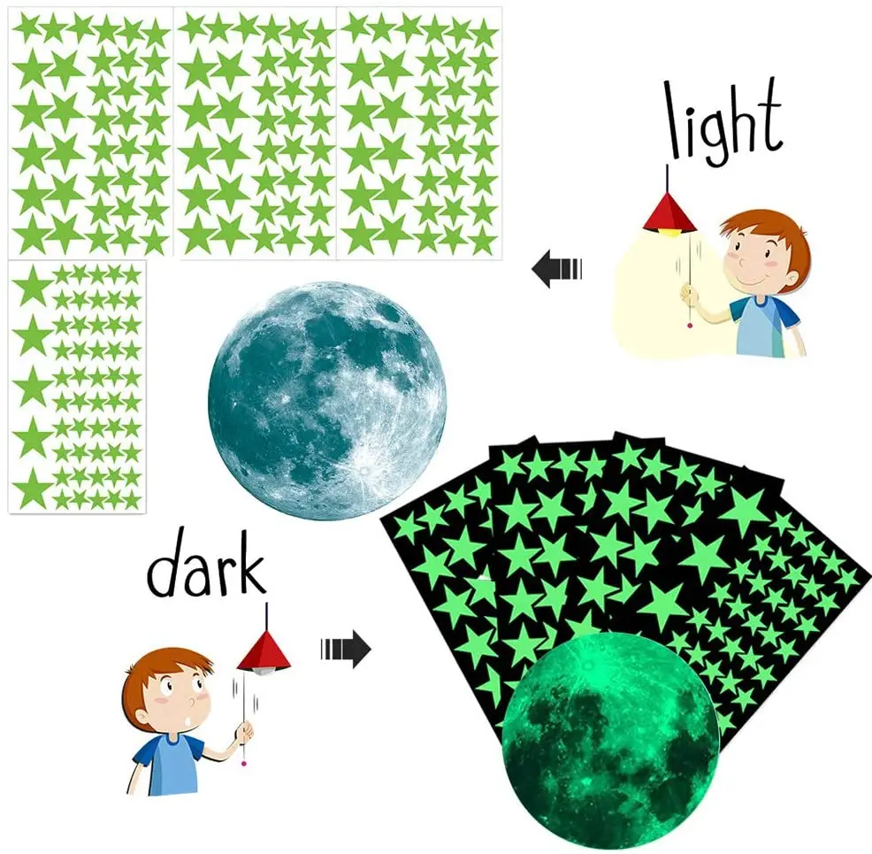 Glowing In The Dark Moon And Stars Wall Decals Removable Night Light Glowing Planet Mural Stickers Adhesive Ceiling Wall Decal