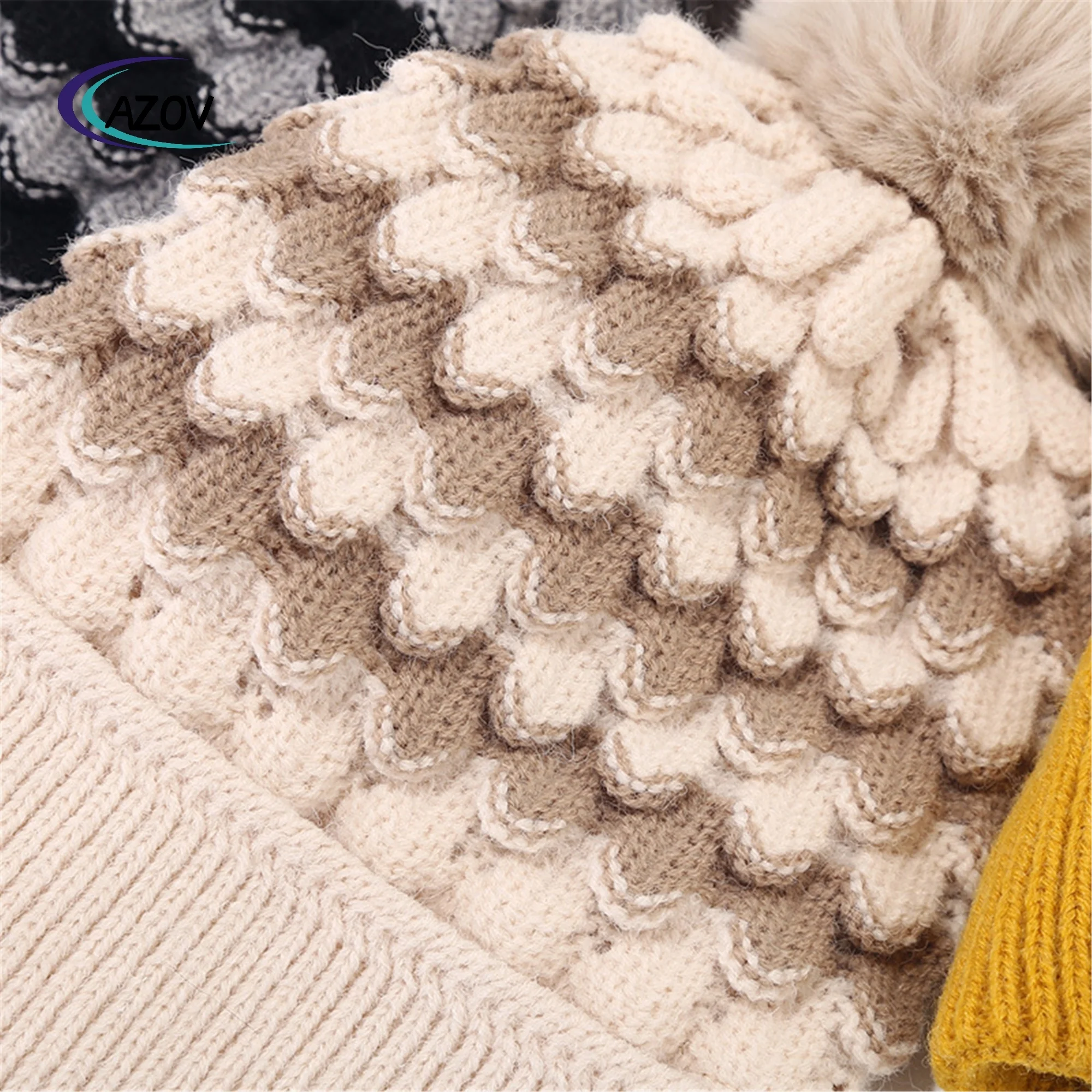 fashion new style contrast color stripes fur ball knitted hat ladies outdoor travel shopping warm wool hat wholesale