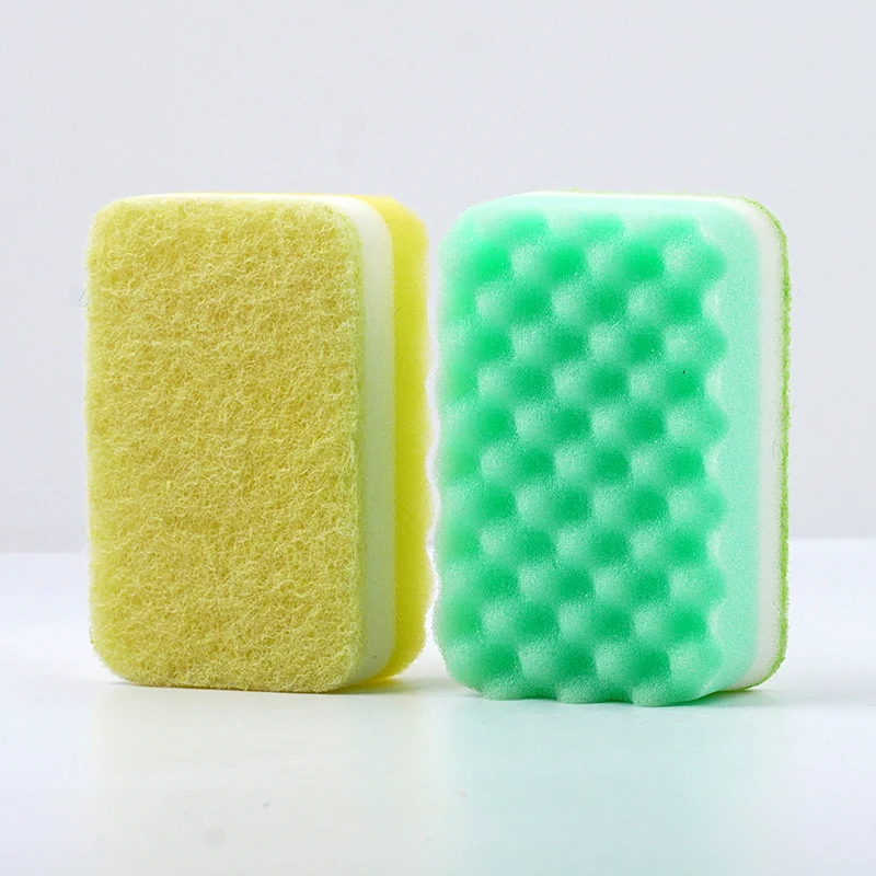 Colorful three layer sponge scouring pads high density tableware dishwashing cleaning wash dishes pots sponge washing brush