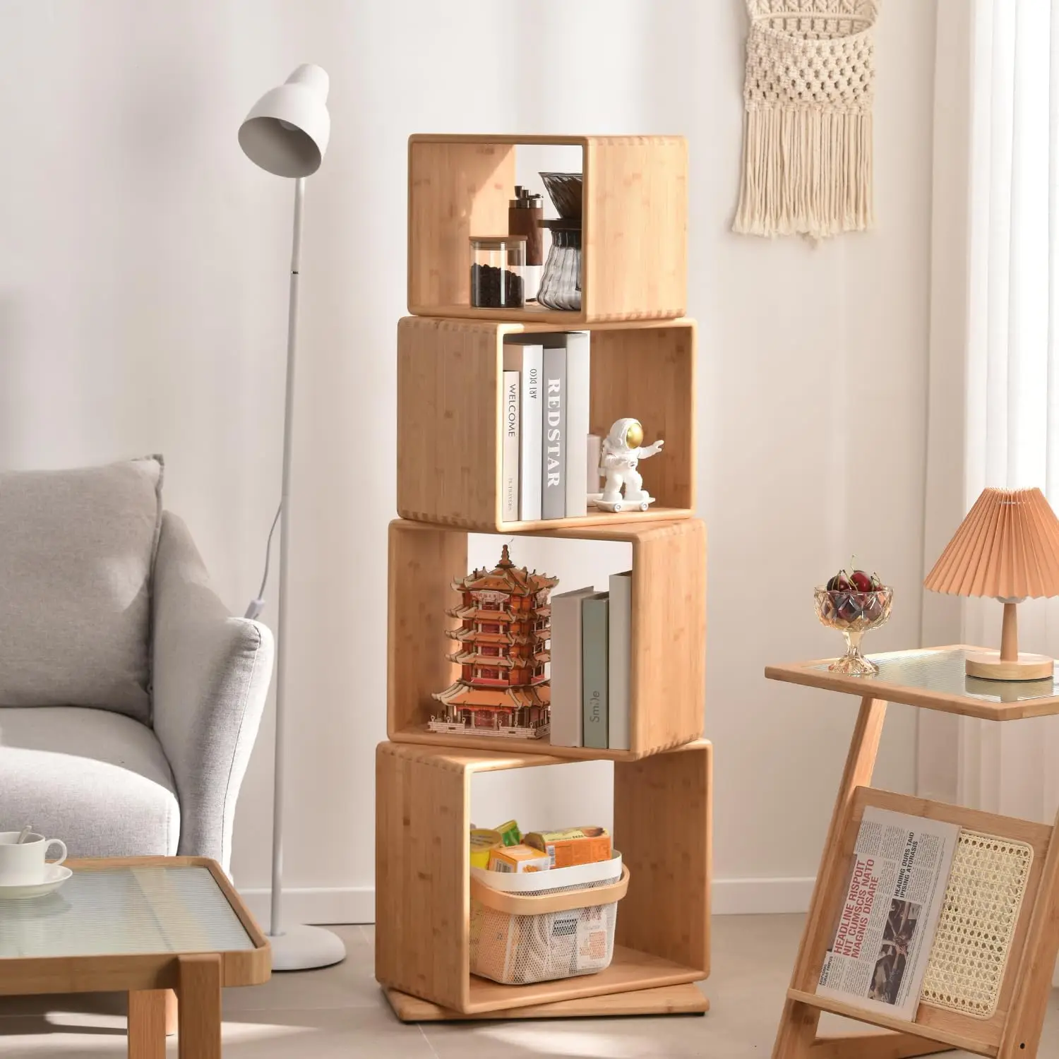 Free-Standing Bookshelf Large Capacity Creative Open Book Cabinet Rotating Bamboo Bookcase for Home Office