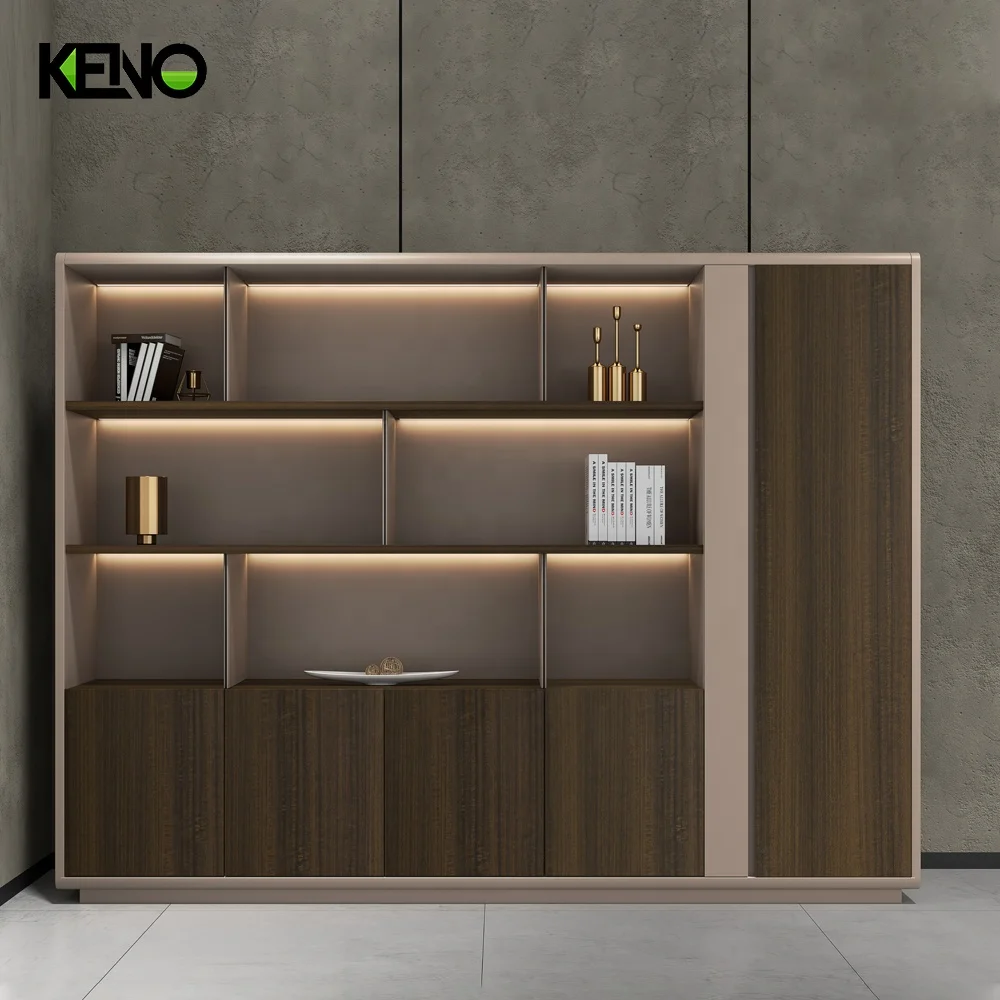 Wooden Library Bookshelves Frameless Door High Density File Storage Cabinet Bookcase for Sale with LED