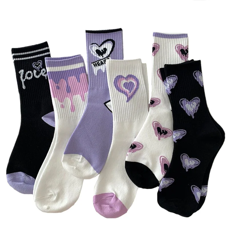 Jingwen women cotton material purple suit mid-tube cartoon sports socks