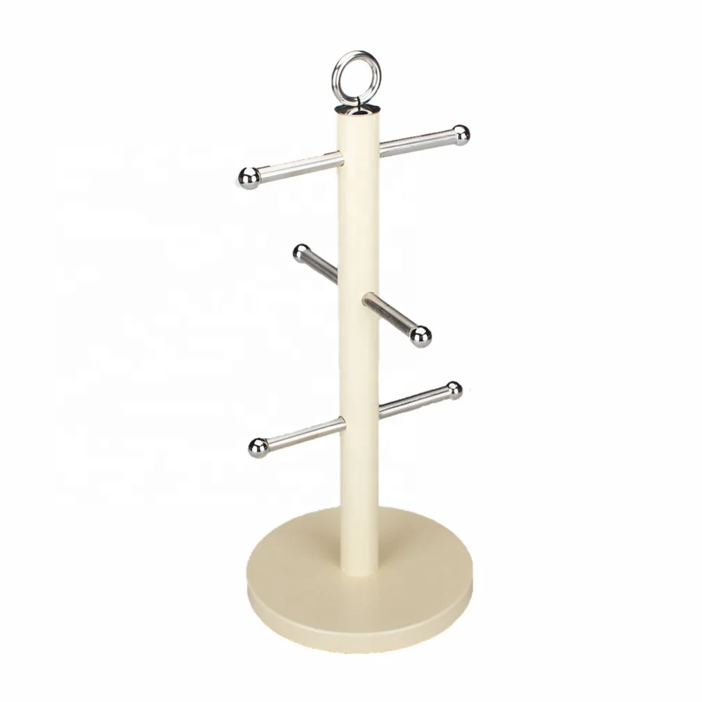 Kitchen Towel Paper Roll Pole Holder Free Standing Bath Rack (Cream, Mug Tree), Stainless Steel 6 Cup Mug Tree Stand