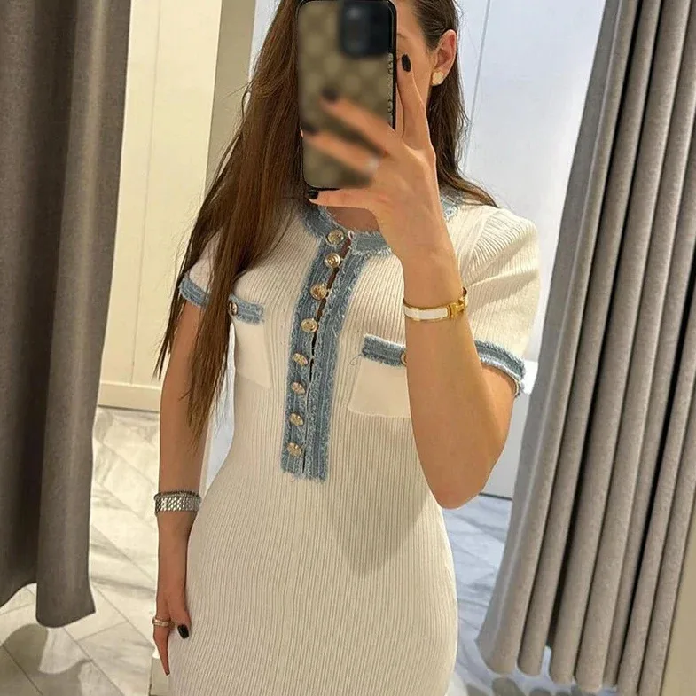 2024 New Popular Women Fashion Clothes Wholesale Denim Patchwork Knitted Long Skirt Tight Fitting Short Sleeved Midi Dress Lady