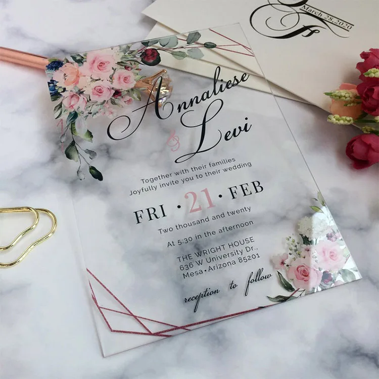 Transparent Vintage Flowers Peach White Peony Floral Roses Anniversary/Birthday Invite Acrylic Wedding Invitations