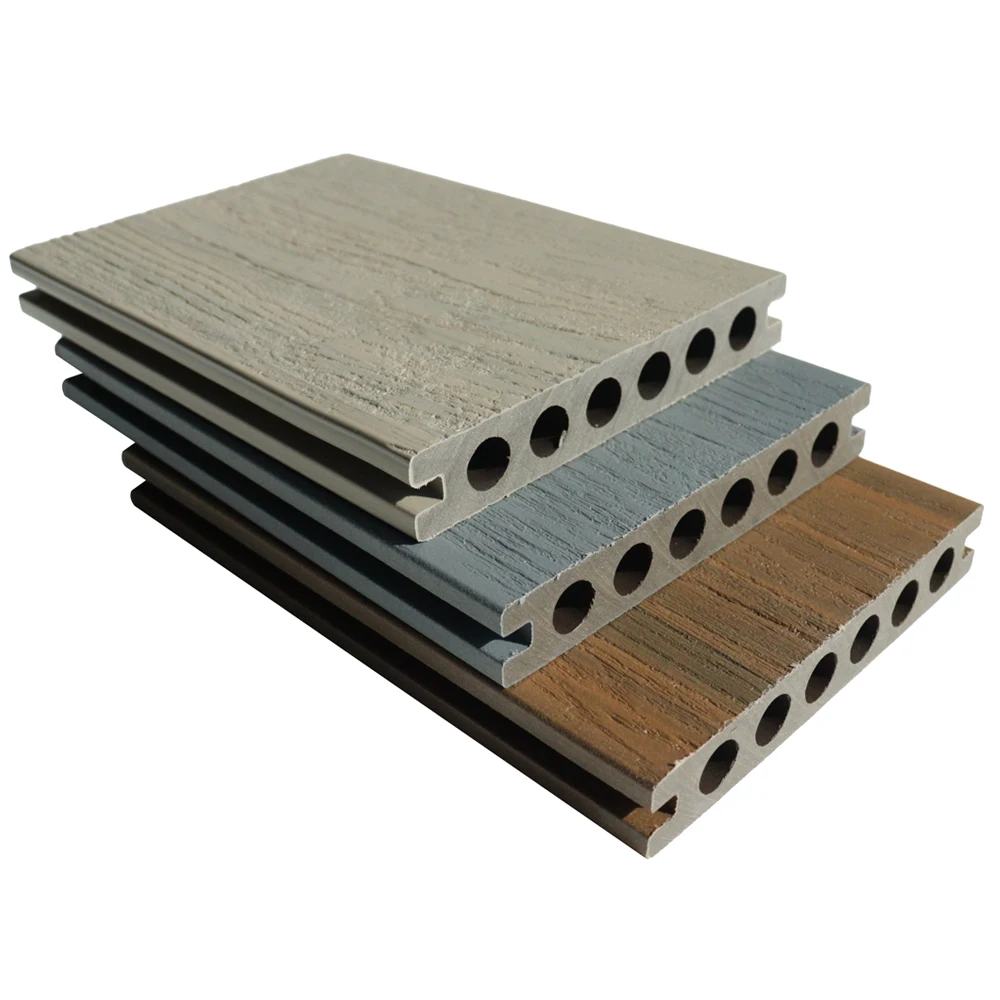 Exterior patio terrace matte finish Co-extrusion round holes hollow composite wood brushed capped wpc decking