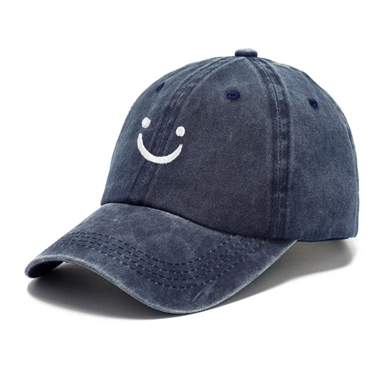 Wholesale Custom Print Smile Face Logo Baseball Cap Smiling Vintage Distressed Cotton Gorras Dad Hat Adjustable For Women Men