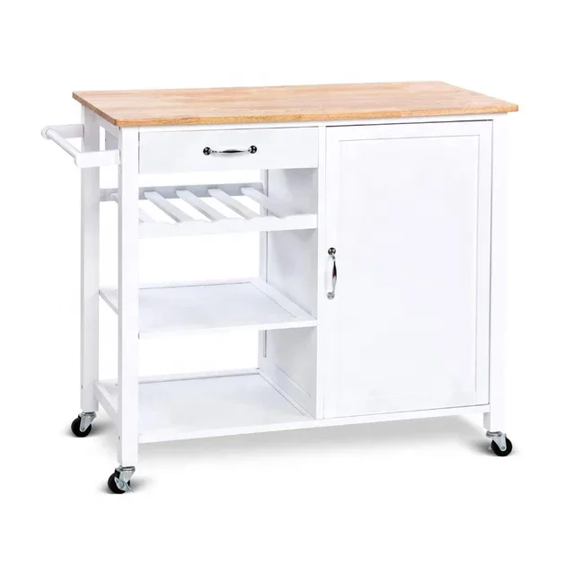 Low MOQ Cream Color Wooden Beige Kitchen Trolley Cart With  Wine Bottle Storage Cabinet Drawers