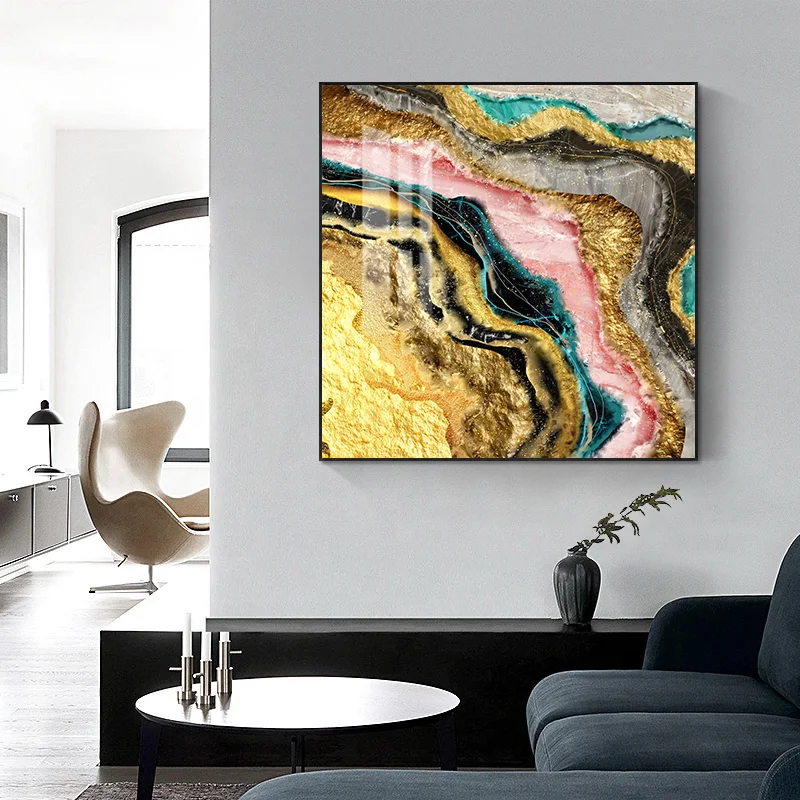 Abstract Gold Foil Oil Painting Canvas Wall Hanging Art Picture Gold Geode Epoxy Resin Glass Printing Crystal Porcelain Painting