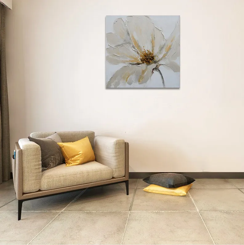 Best Selling Modern White Flower Canvas Art Oil Painting for Home Decor