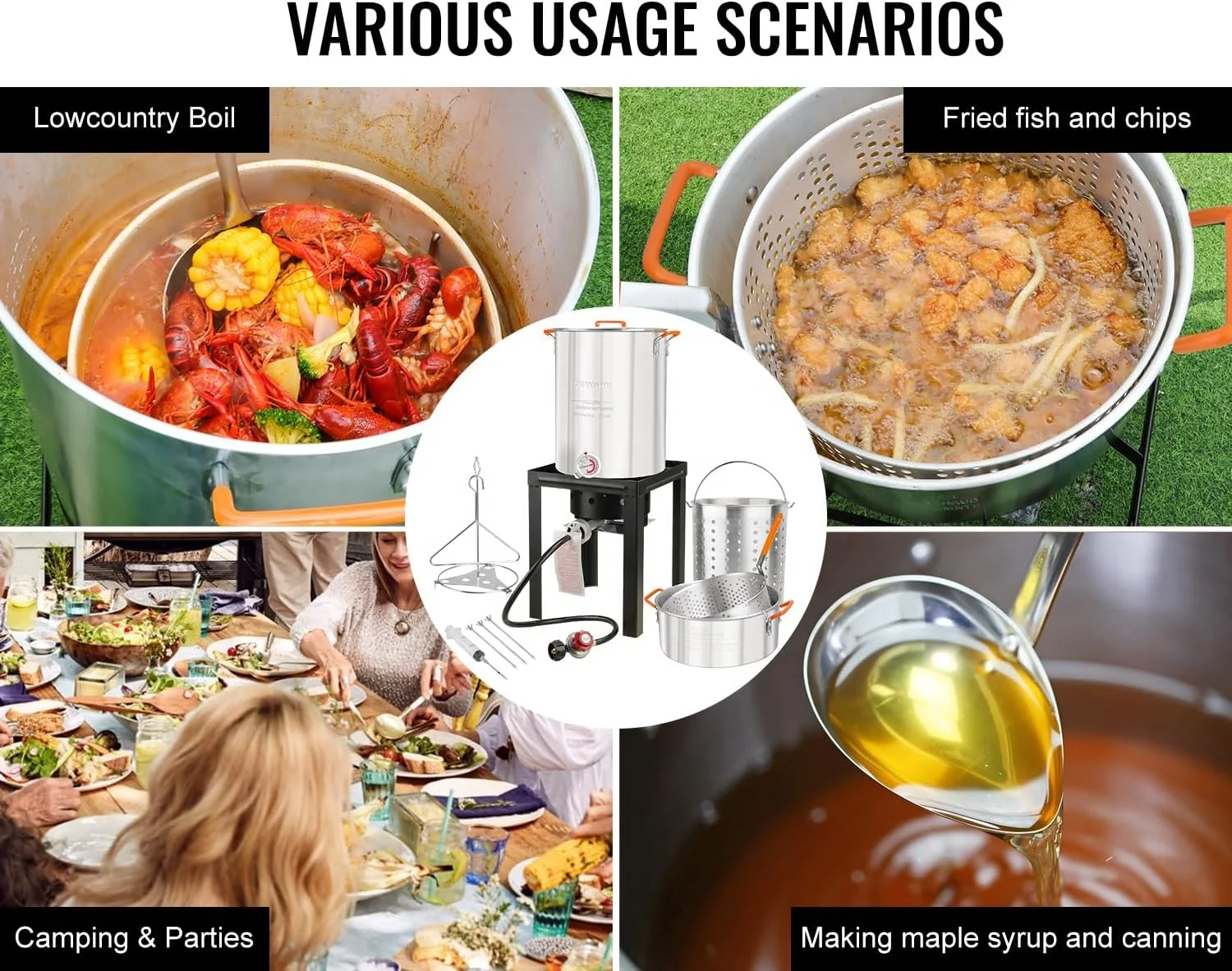 propane 30QT Turkey Fryer & 10QT Fish Fryer Kit w/ 55,000BTU Propane Stove, Outdoor Deep Fryer & Seafood Boiler Steamer