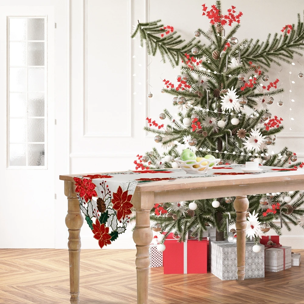 OWENIE Christmas Red Poinsettia Embroidered Applique Velvet Flower Custom Table Runner With Place Mats For Dinner Table