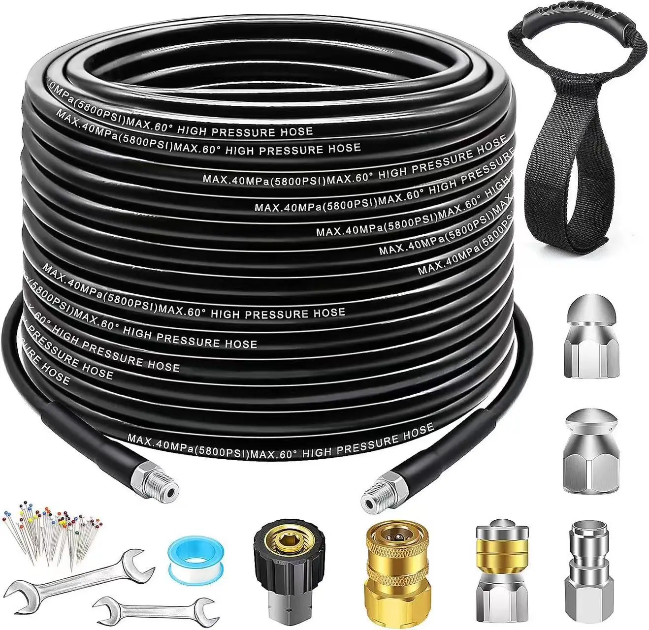 Drain Jetter Washer Hose with Corner Rotating Button Nose Sewer Jetting Nozzle, with 1/4 NPT Handle Strap