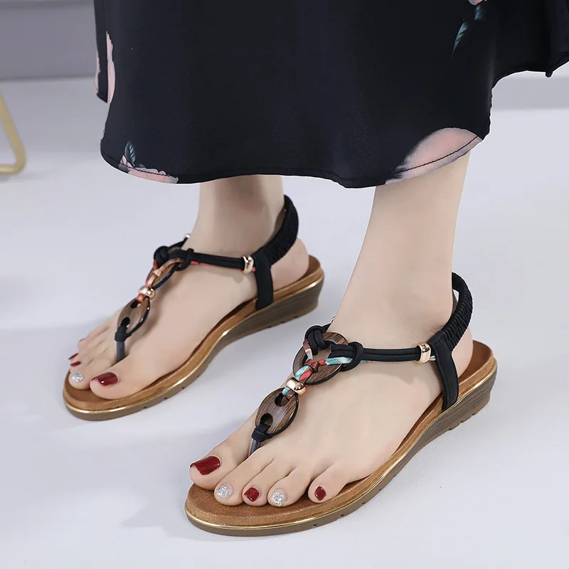 Fashion Women Summer Beach Sandals Wooden Bead Buckle PU Sole Flip Flops Flat Sandal For Women New Style