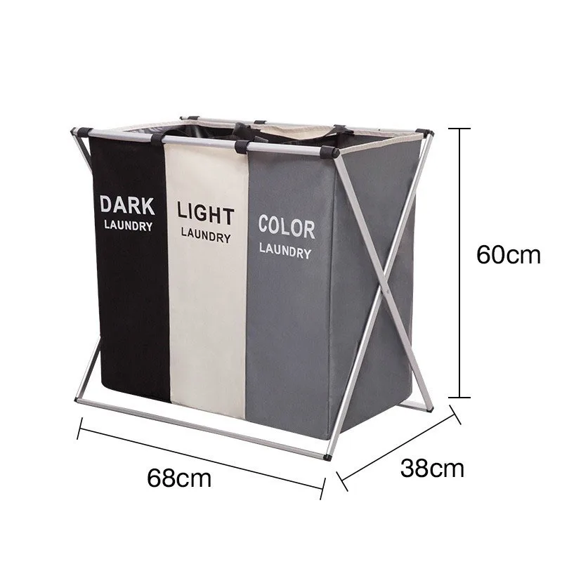 Foldable X Shape Dirty Laundry Basket Organizer 3 Grids Waterproof Cloth Storage Bag With Shelf