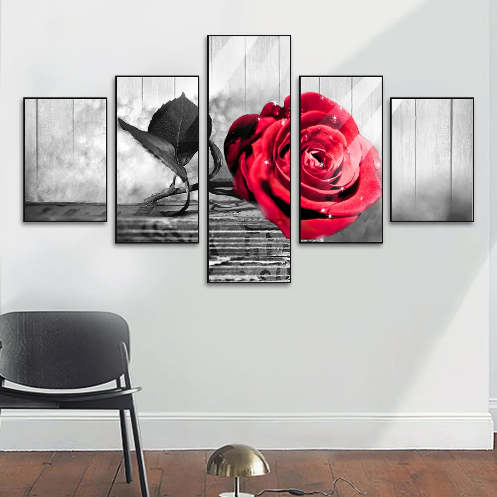 black and white rose Painting Decorative Home Decoration Living Room Picture Prints 5 Piece Wall Art