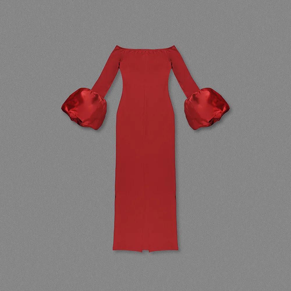A9674 Fashion Women Clothing Off-shoulder Ladies Maxi Dress Black Red Long Sleeves Women Christmas Party Dress