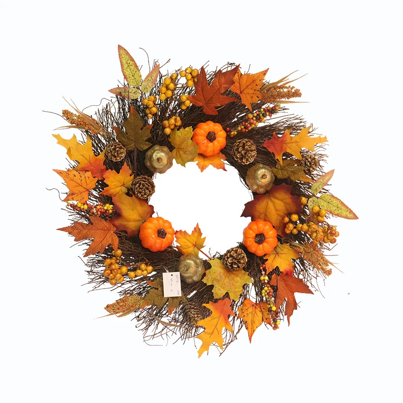 Autumn Harvest Thanksgiving Wreath Pumpkin Maple Leaf Berry Pine Cone Front Door Window Decoration Artificial Autumn Fall Wreath